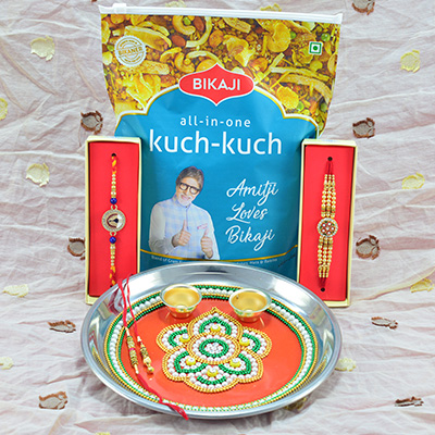 Unique Design Beautiful Rakhi Pooja Thali with Delicious Bikaji Kuch Kuch Namkeen