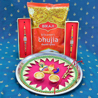 Bikaneri Bhujia Namkeen Small Packet with Amazing Attractive Looking Rakhi Pooja Thali and Rakhis
