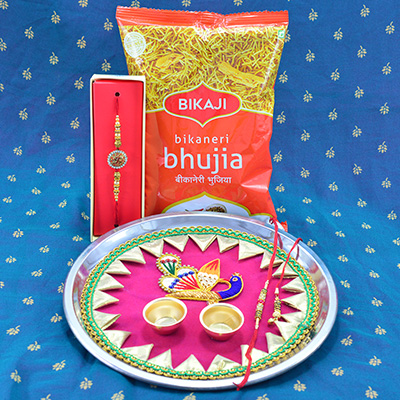 Bikaneri Small Packet Bhujia by Bikaji Namkeen with Peacock Studded Pink Color Rakhi Puja Thali