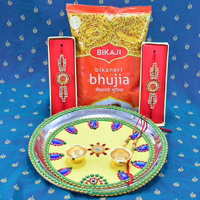 Light Yellow Base Color Jewel Studded Rakhi Puja Thali with Jewel Rakhis and Bhujia Namkeen 250 Gm