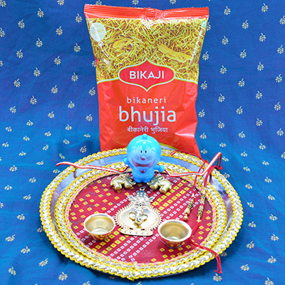 Famous Branded Bikaji Bhujia Namkeen with Family Rakhis and Ganesha Studded Pooja Thali