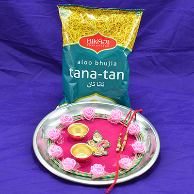 Aloo Bhujia Tana Tan Small Packet of Namkeen with Best Looking Pink Color Rakhi Puja Thali for Raksha Bandhan