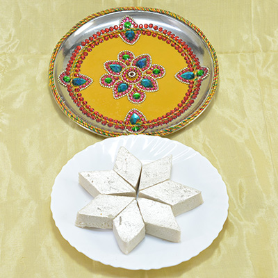 Spectacular Colorful Flower Design Pooja Thali with Mouthwatering Badam Barfi 