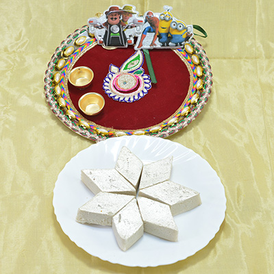Gorgeous Eye Catching Crafted Pooja Thali with Delicious Badam Barfi