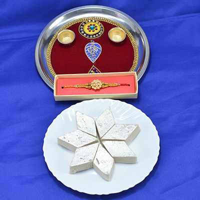 Pearl and Flower Pooja Thali with Diamond Jewel Rakhi alon with Flavorsome Badam Barfi