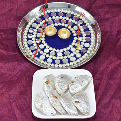 Amazing Mirror Work Crafted Pooja Thali with Delicious Kaju Gujia Hamper