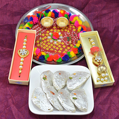 Gorgeous Rich Look Bhaiya Bhabhi Rakhi with Traditional Pooja Thali along with Luscious Kaju Gujia