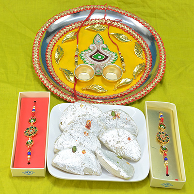 Illustrious Beads Deepak Crafted Pooja Thali with Mouthwatering Kaju Gujia along with Rakhi Hamper