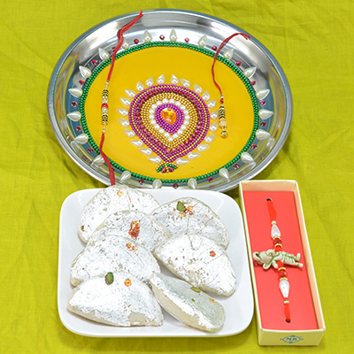 Savory Kaju Gujia with Yellow Base Diamond Beads Pooja Thali along with Kids Rakhi