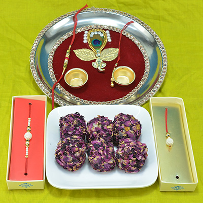 Savory Kaju Rose Laddu with Peacock Feather Pooja Thali along with Beads Bhaiya Bhabhi Rakhi 