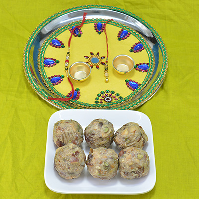 Savory Kaju Dry Fruit Laddu with Splindid Mirror Crafted Pooja Thali