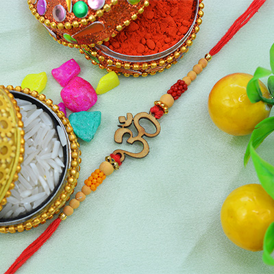 Amazing Wooden Studded OM Sandalwood Rakhi with Colorful Beads