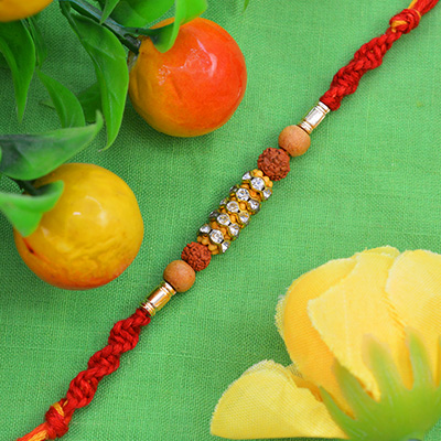 Antique Two Rudraksha with Colorful Pear Sandalwood Rakhi