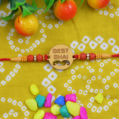 Attractive Best Bhai Sandalwood Rakhi with Red and Grey Scenic Beads
