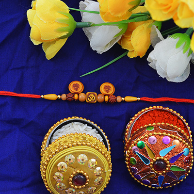 Amazing Unique Three Sandalwood OM Rakhi with Rich Looking Beads