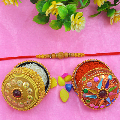 Elegant Unique Sandalwood Rakhi with Tiny Graceful  Beads along with Red Silky Thread