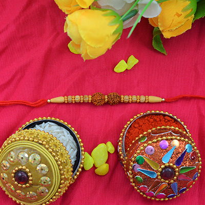 Two Awesome Rudraksha Sandalwood Rakhi with Eye-Catching Sandalwood Pearls