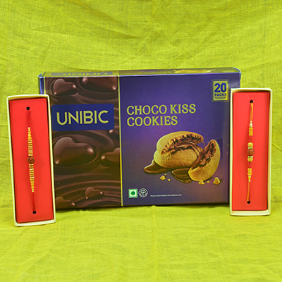 Astounding 2 Rudraksha Rakhi with Tasteful Choco Kiss Cookies
