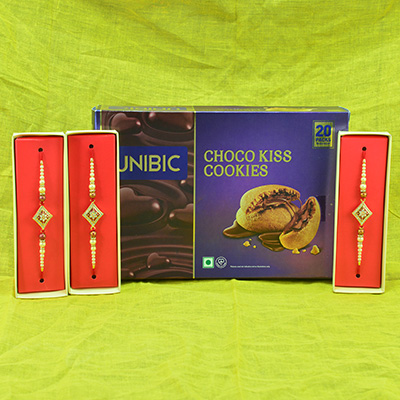 Amazing 3 pearl Designer Rakhi with Delicious Choco Kiss Cookies