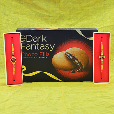 Amazing Two Sandalwood OM Rakhi with Finger Licking Dark Fantasy Choco Fills