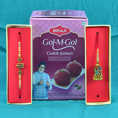 Joyful Cobo of Bikaji Gol-M-Gol Gulab Jamun Sweet and Antique Brother and Bhabhi Rakhi Set