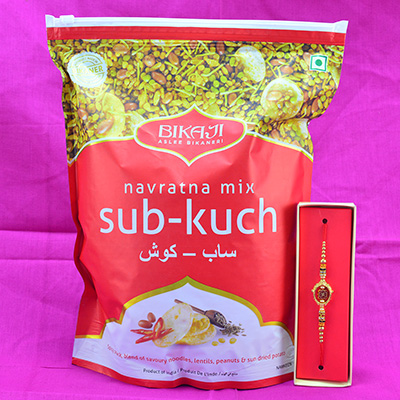 Divine Golden Beaded Swastik Rakhi with Navratna Mix Sub Kuch Namkeen Hamper