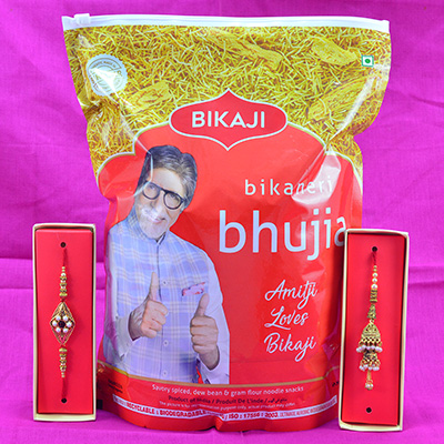 Exclusively crafted Bhaiya Bhabhi Rakhi Pair with Bikaji Bhujia Namkeen Hamper