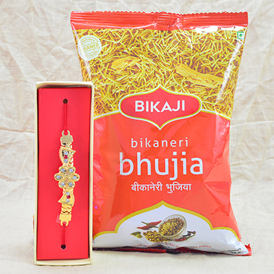 Bikaneri Bikaji Bhujia with Diamond Golden Chain Rakhi Hamper
