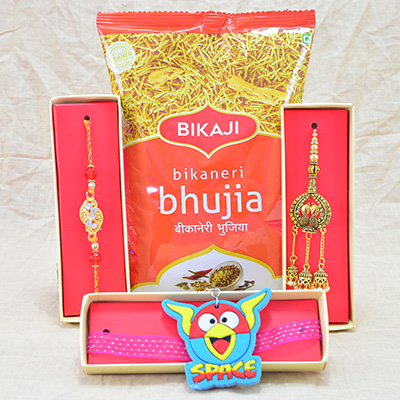 Pampering Combo of Tasty Bikaneri Bhujia and Small family Rakhi Set
