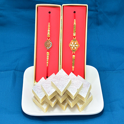 Sapid Kaju Katli with Eye Catching Golden Beads Fancy Rakhi