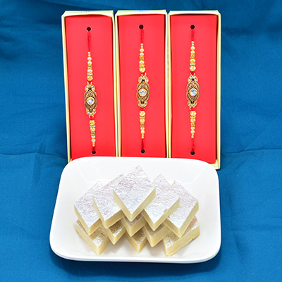 Appetizing Kaju Katli with Awesome Diamond Jewel Beads Rakhi Hamper