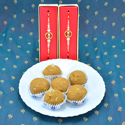 While Pearl Design Stylish Looking Rakhi Set with Sweets of Branded Quality Proof Besan Ke Laddu