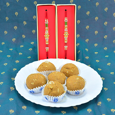 Fancy Brother 2 Rakhis Set with Sweets of Pure Ghee Besan Laddu