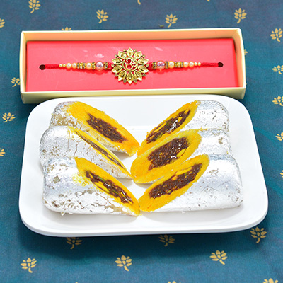 Kaju Raj Bahar Tasty Branded Sweet with Om Flower Shape Design Rakhi for Brother