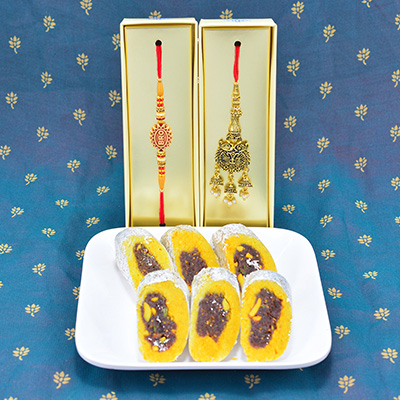 Pair of Bhaiya Bhabhi Rakhi Set with Tasty Amazing Best Sweets Kaju Raj Bahar
