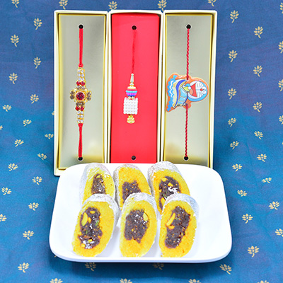 Awesome Set of Rakhis for Family with Amazing Delicious Sweets of Kaju Raj Bahar 250 Gram