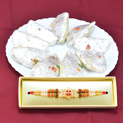 Multi Threaded Design Rakhi for Brother with Mouth Watering Sweet of Kaju Gujia