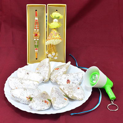 Family Set of Rakhis for Bhaiya Bhabhi and Kid with Delicious Sweet of Gujia Made up from Cashew