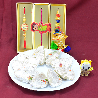 Bhaiya Bhabhi Rakhi with 2 Toy Rakhi for Kids and Amazing Tasty Kaju Gujia Sweet