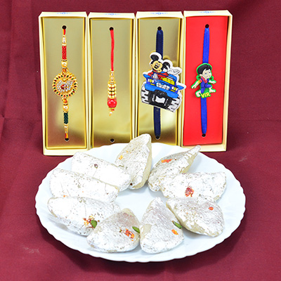 Golden and Beaded Antique Rakhis for Brother and Bhabhi with Kids Rakhi and Kaju Gujia Sweet