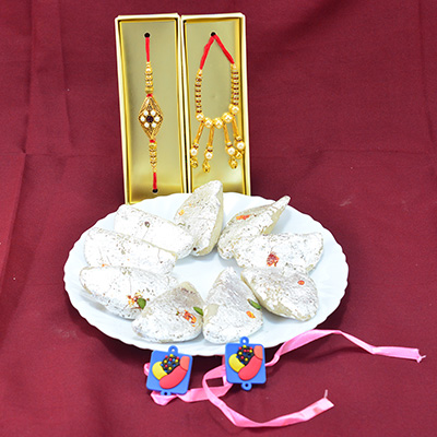 Golden Design Kundan Meena Work Beaded Bhaiya Bhabhi Rakhi Set with Kids Rakhi and Kaju Gujia Sweet