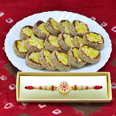 Rakhi with Sweet - Delicious Favorite Kaju Anjeer Chakra Sweet with Jewel Studded Meena Work Rakhi