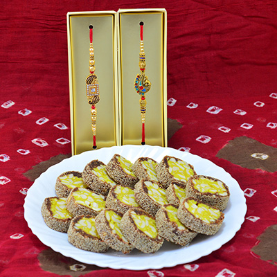 Newly Design Amazing Awesome Rakhis for Brother with Delicious Kaju Anjeer Chakra Sweet