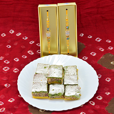 Jewel Studded Gota in Mid Unique Rakhi Collection for 2 Brothers with Delicious Pista Barfi Sweet
