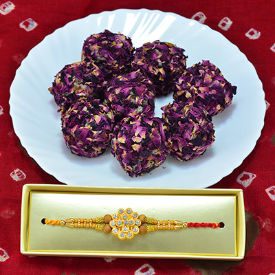 Succulent Kaju Rose Laddu with Diamond Studded Jewel Rakhi