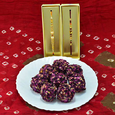 Flavorful Kaju Rose Laddu with Multicolor Beads Rakhi