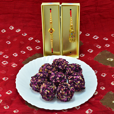 Mouthwatering Kaju Rose Laddu with Awesome Divine Golden Beads Bhaiya Bhabhi Rakhi