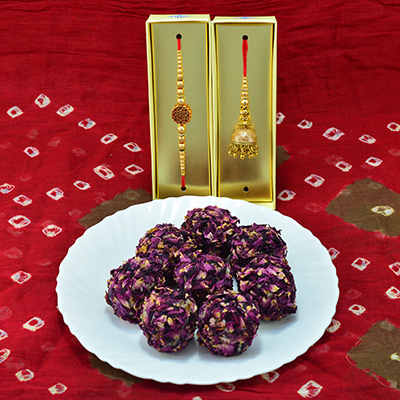 Delectable Kaju Rose Laddu with Golden Theme Beads Bhaiya Bhabhi Rakhi 