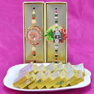 Colorful Beaded Zardosi Rakhis for 2 Brother with Kaju Kesar Pista Barfi Fresh Branded Sweet