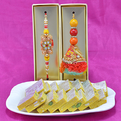 Bhaiya and Bhabhi Rakhi Pair with Kaju Kesar Pista Barfi Best Quality Sweet